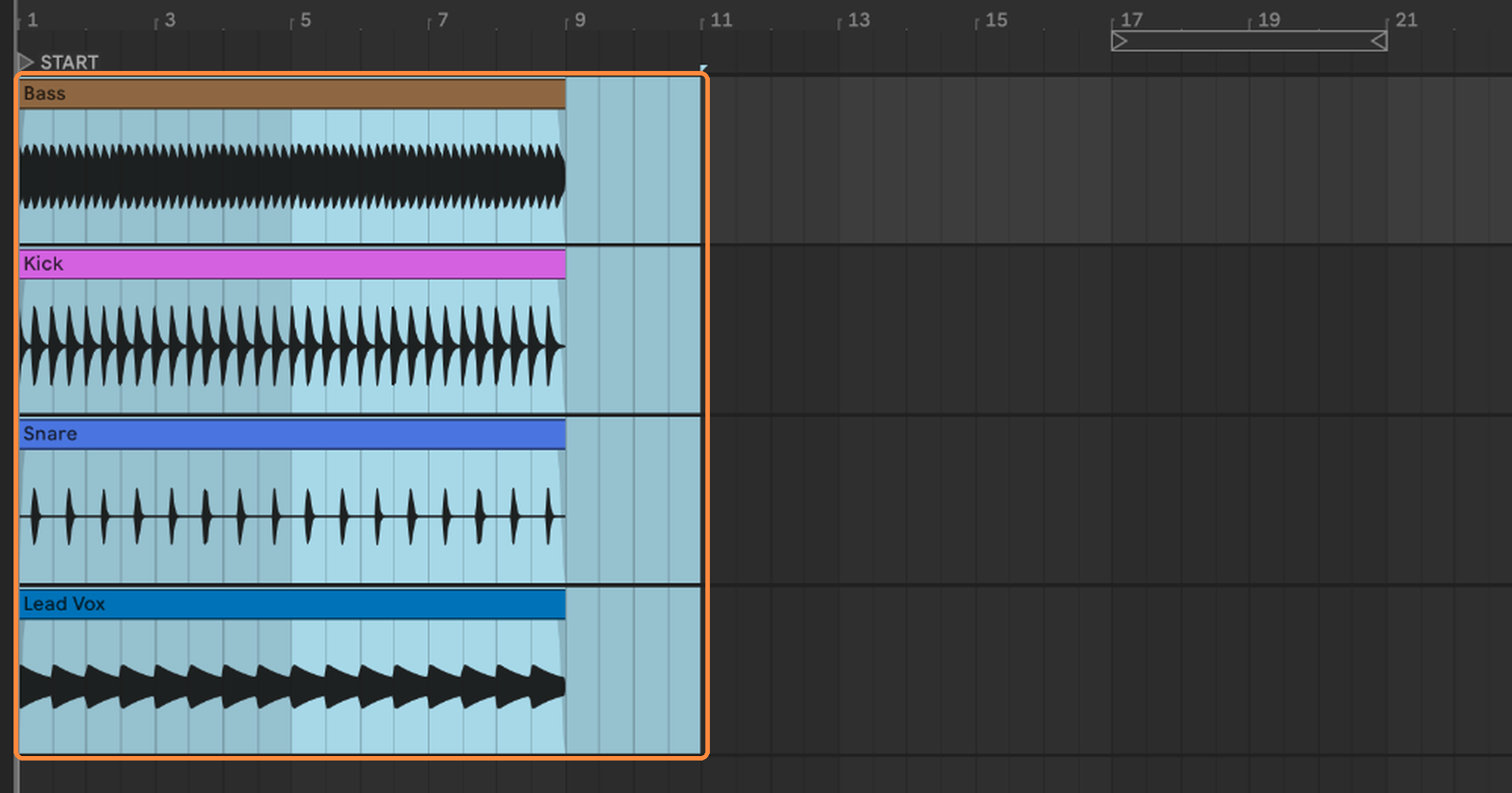 Arrangement View with a time selection from bar 1 to just past the end of the song.