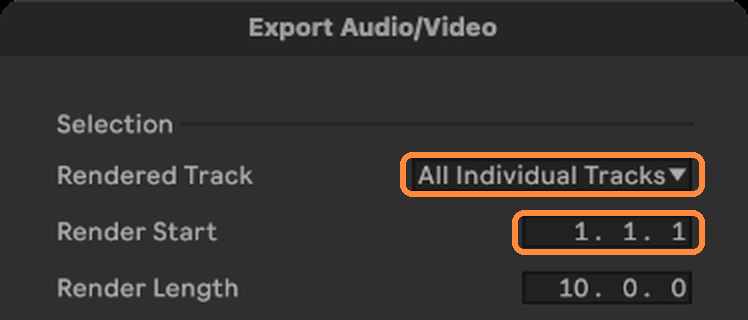 The Export Audio/Video window: Rendered Track set to All Individual Tracks, Render Start 1. 1. 1.