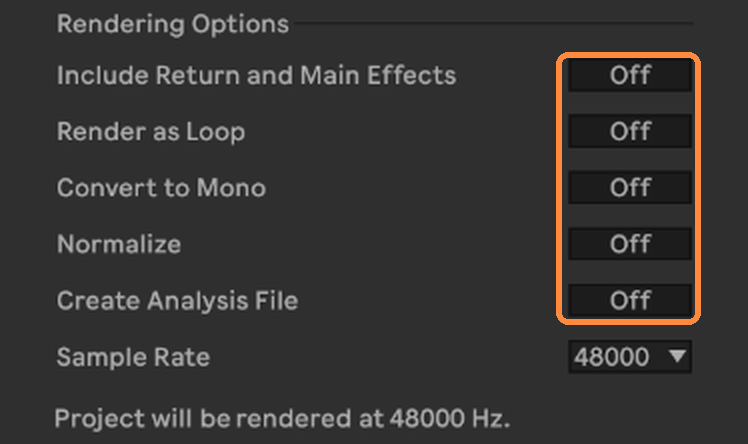 Rendering Options: Include Return and Main Effects, Render as Loop, Convert to Mono, Normalize and Create Analysis File all Off.
