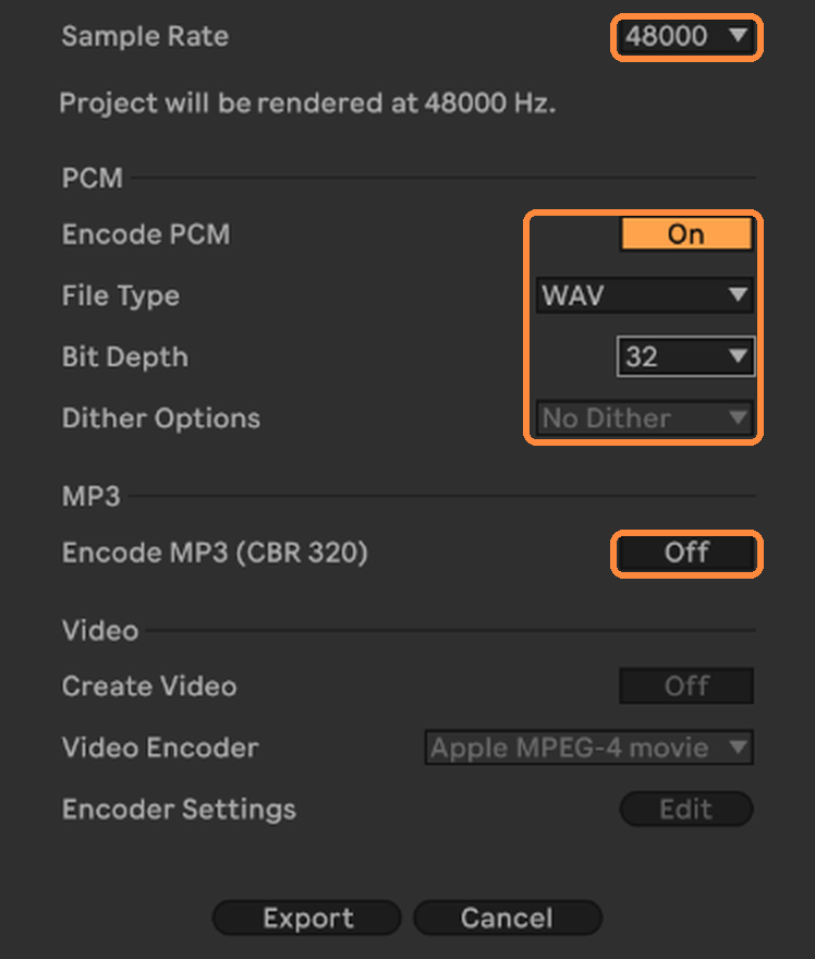 Sample Rate matching the project, Encode PCM On, File Type WAV, Bit Depth 32, Dither Options greyed out, Encode MP3 Off.